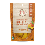 Front view of a Healthy Truth mango slices resealable 3oz  package labeled 'Fruit, the whole fruit & nothing but the fruit,' featuring organic, gluten-free, plant-based, dairy-free, raw, and kosher certifications. The bag shows an image of sliced mango and has a USDA Organic seal.