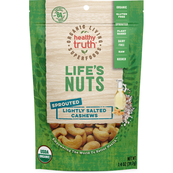 The front of a package of Life’s Nuts Lightly Salted Cashews