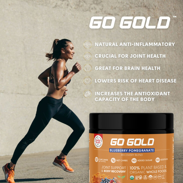 Infographic showing the benefits of GO Gold Recover Blend with a fit woman exercising in the background.