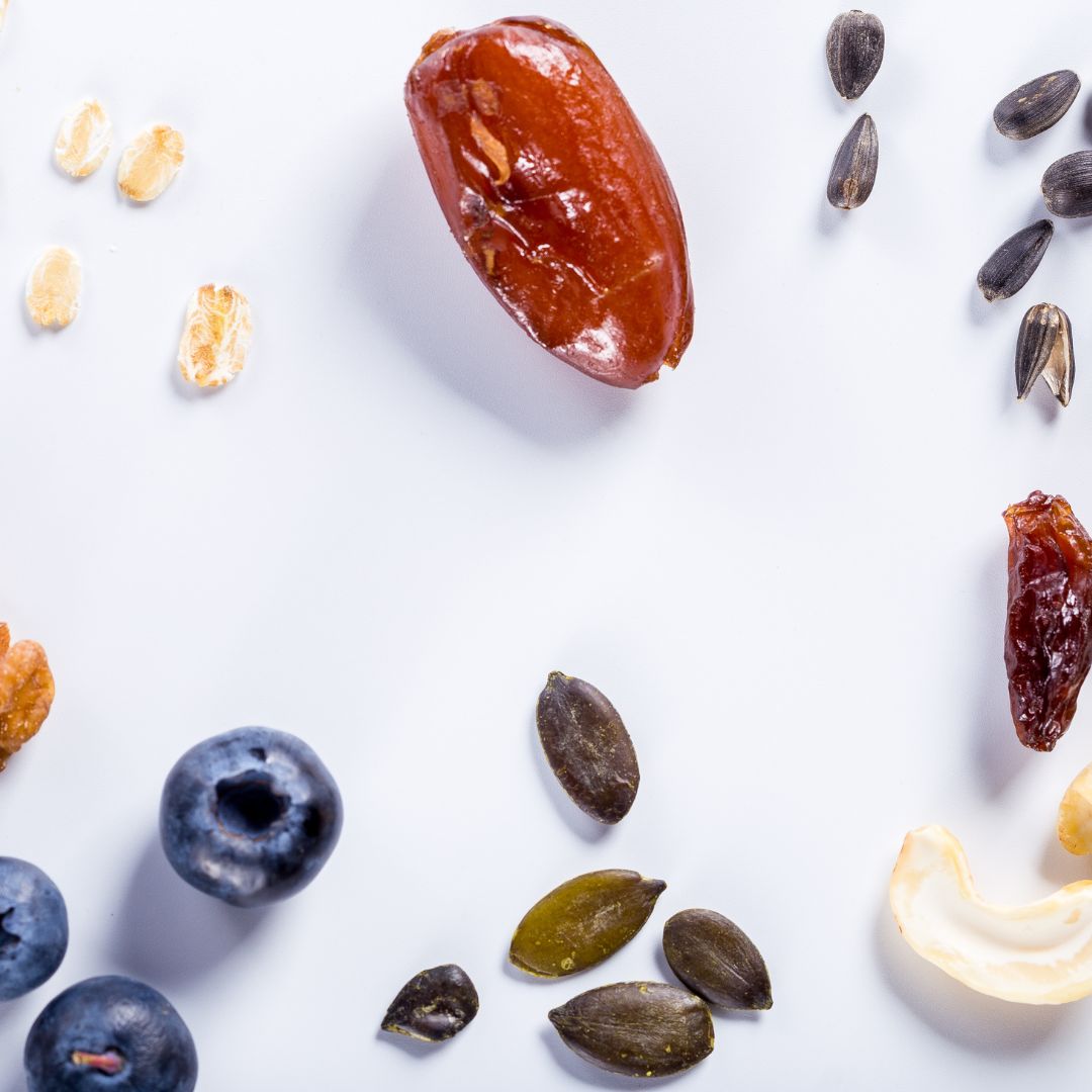 Various nuts and berries. 