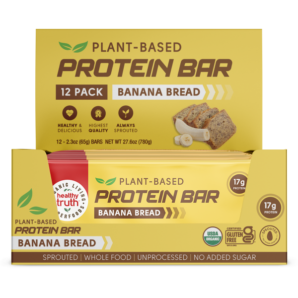 A box with a stack of banana bread sprouted protein bars inside.